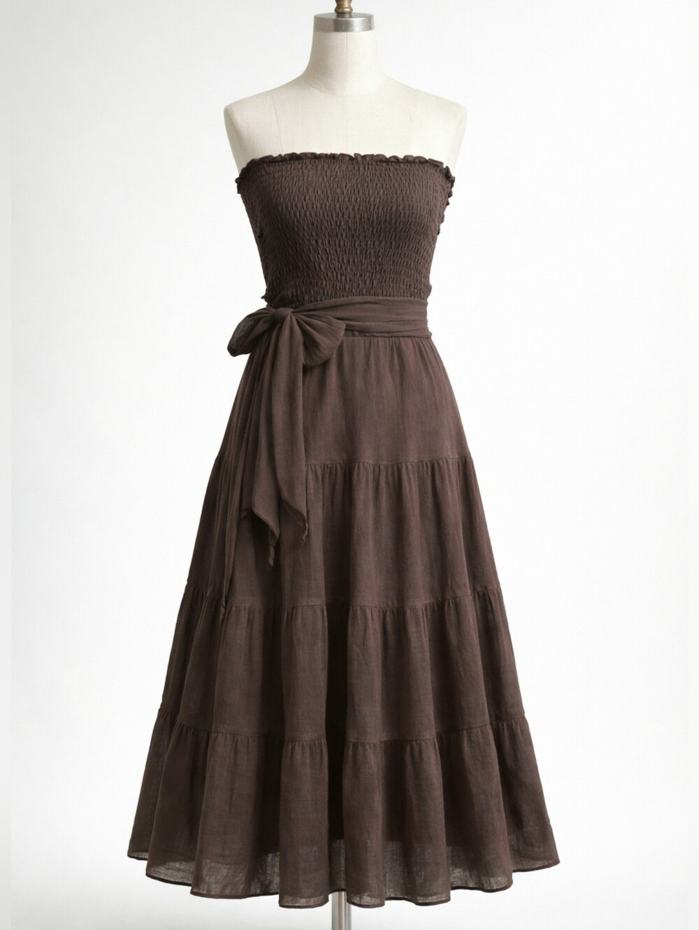 💐 Vintage Boho Brown Strapless Dress • Gauzy Cotton Smocked Bodice Tiered SMALL - Picture 1 of 11